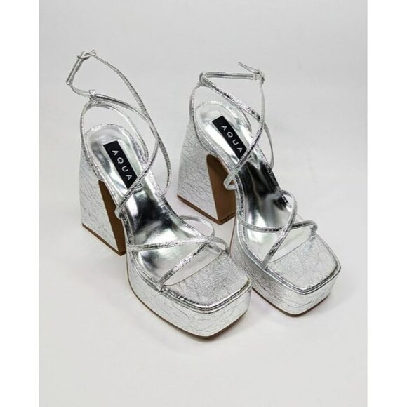 Aqua Chance Strappy Open Toe Platform Block Heels Silver Size 8 (MSRP $118) - Picture 3 of 9